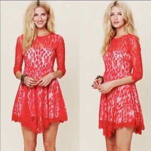 Free People Red Floral Leaf Mesh Lace Mini Dress Bohemian BOHO Size 6